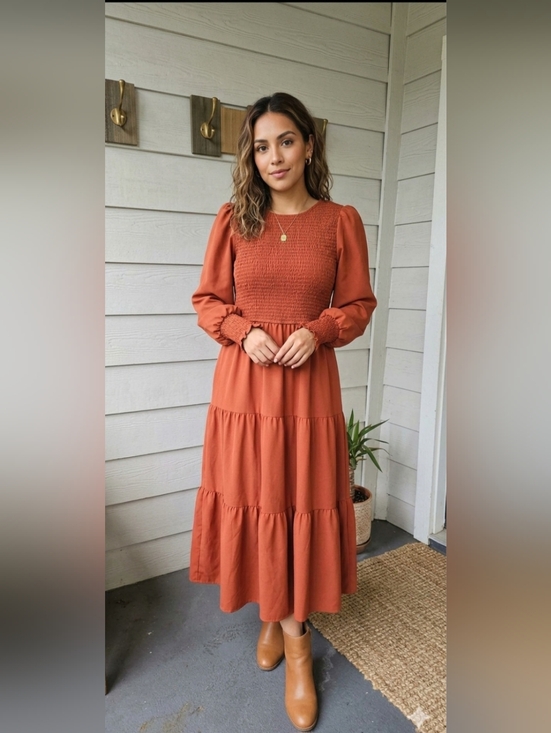 SHEIN Dresses & Skirts - SHEIN Rust Smocked Long-Sleeve Tiered Maxi Dress